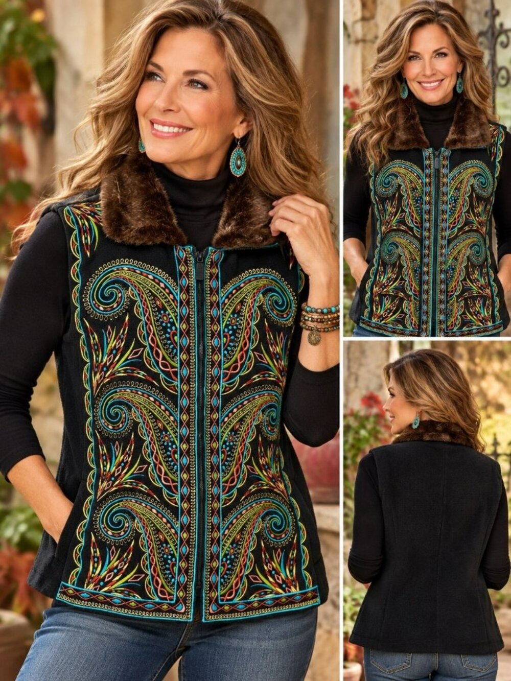 Bob Mackie Wearable Art Embroidered Fleece Vest Faux Fur Collar Black M NWT
